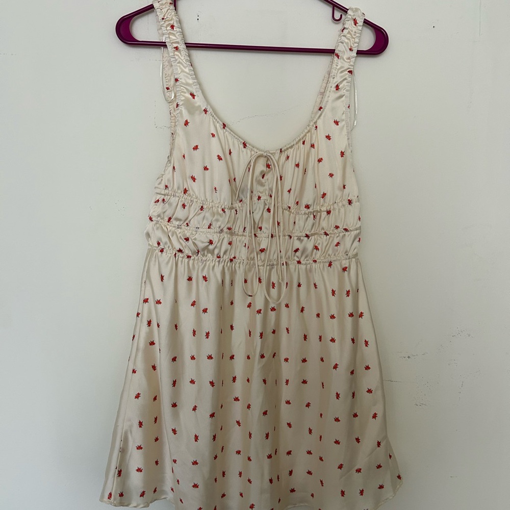 Cream Silk Dress with Red Floral Pattern